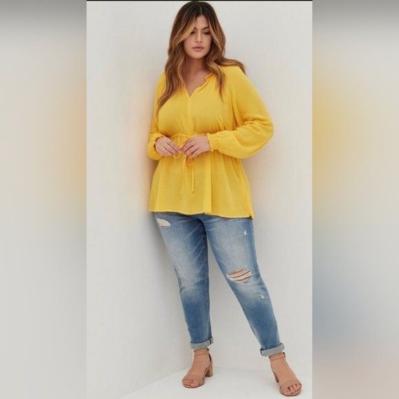 Torrid Rayon Crepe Tie Waist Peasant Top Yellow Mustard NWT, Sz 1X - Picture 4 of 11